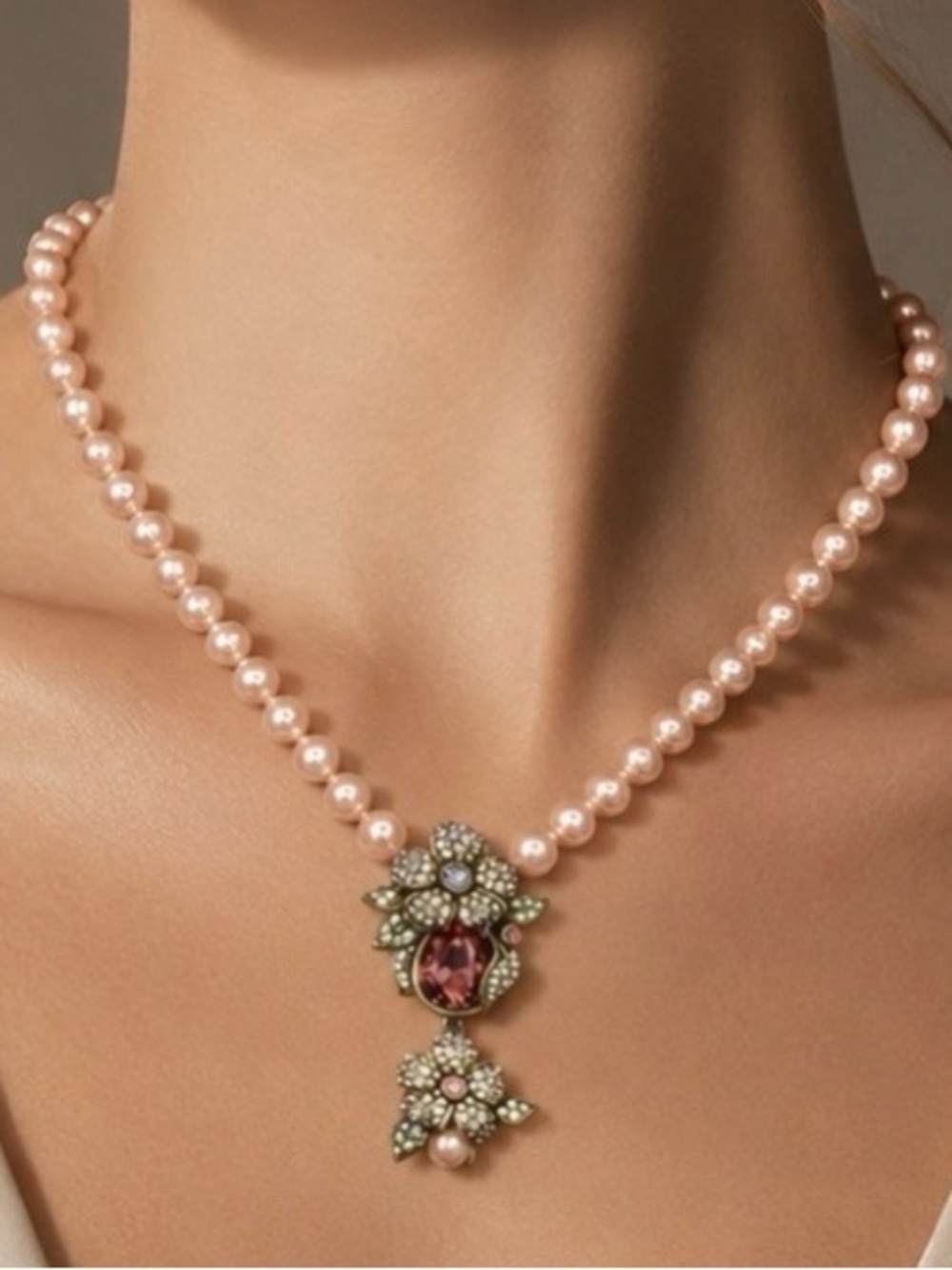 Heidi Daus Pink Faux Pearl Necklace Crystal Drop Pendant Adjustable 18–21”